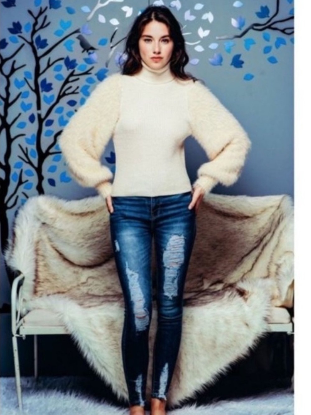 NET. 153 Faux Fur Sleeve Turtleneck Sweater